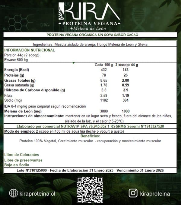 KIRA Proteína sabor CACAO 500g - Imagen 3